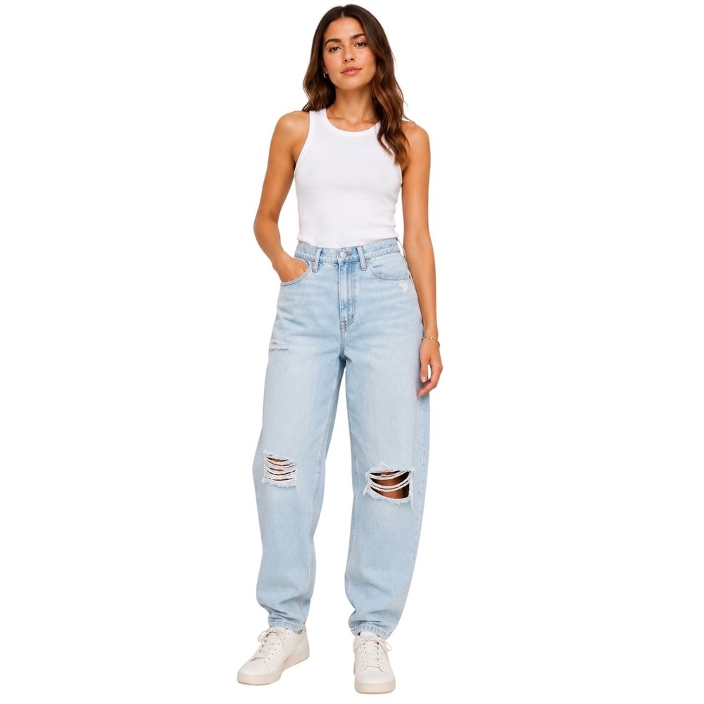 Madewell Baggy Tapered Jeans Light Wash Distressed Ripped Knee High Rise - Picture 1 of 11